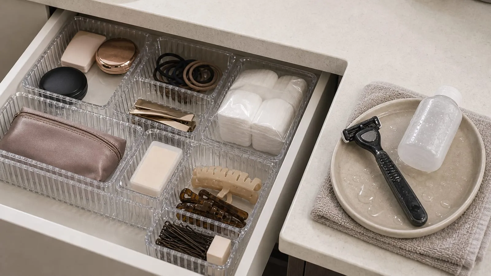 Dry closed items inside clear trays while a wet razor and bottle stay outside the drawer on a dish