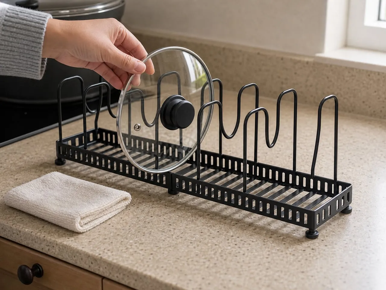 Placing a clean dry glass lid into a black pot lid organizer after wiping it