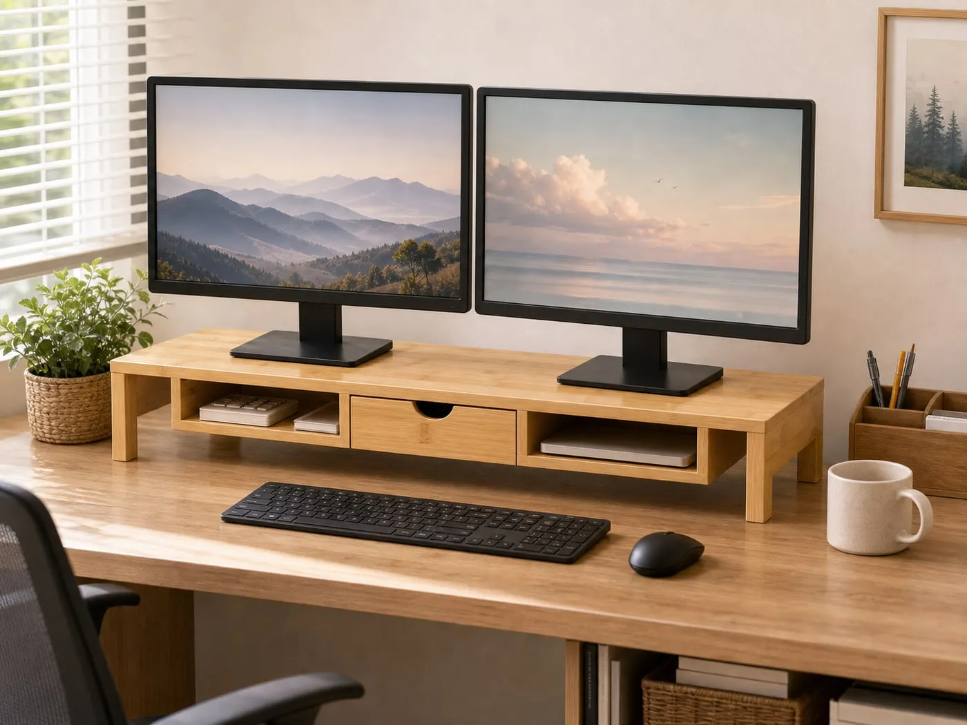 A light wood dual monitor riser with a drawer supporting two modest monitors