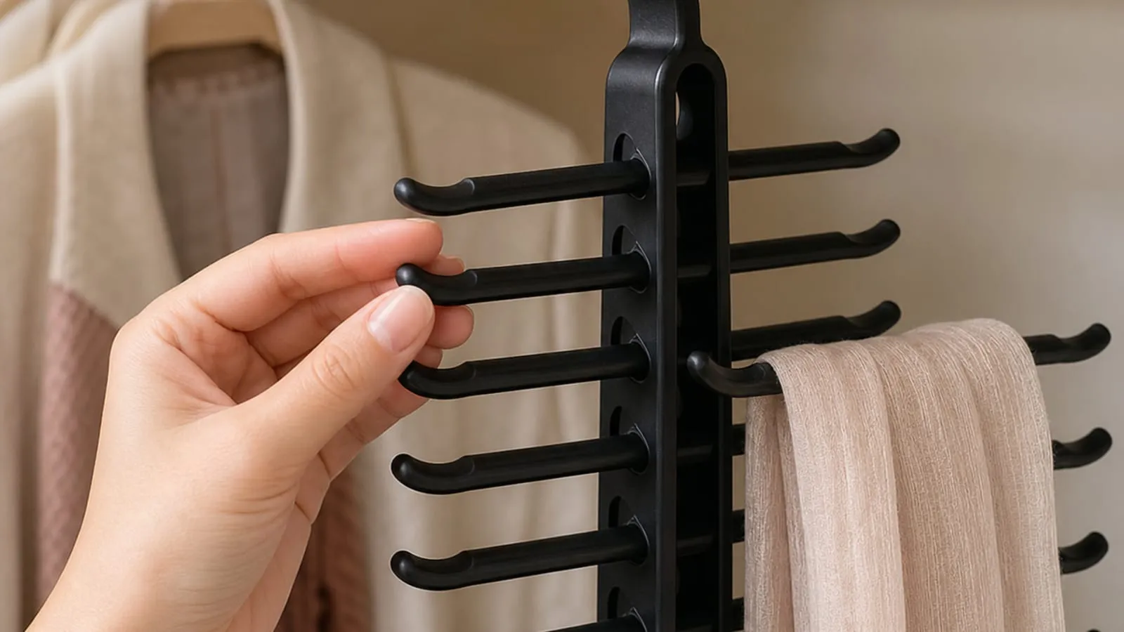 Hand checking the rounded edge of a black tie rack row before hanging a thin scarf