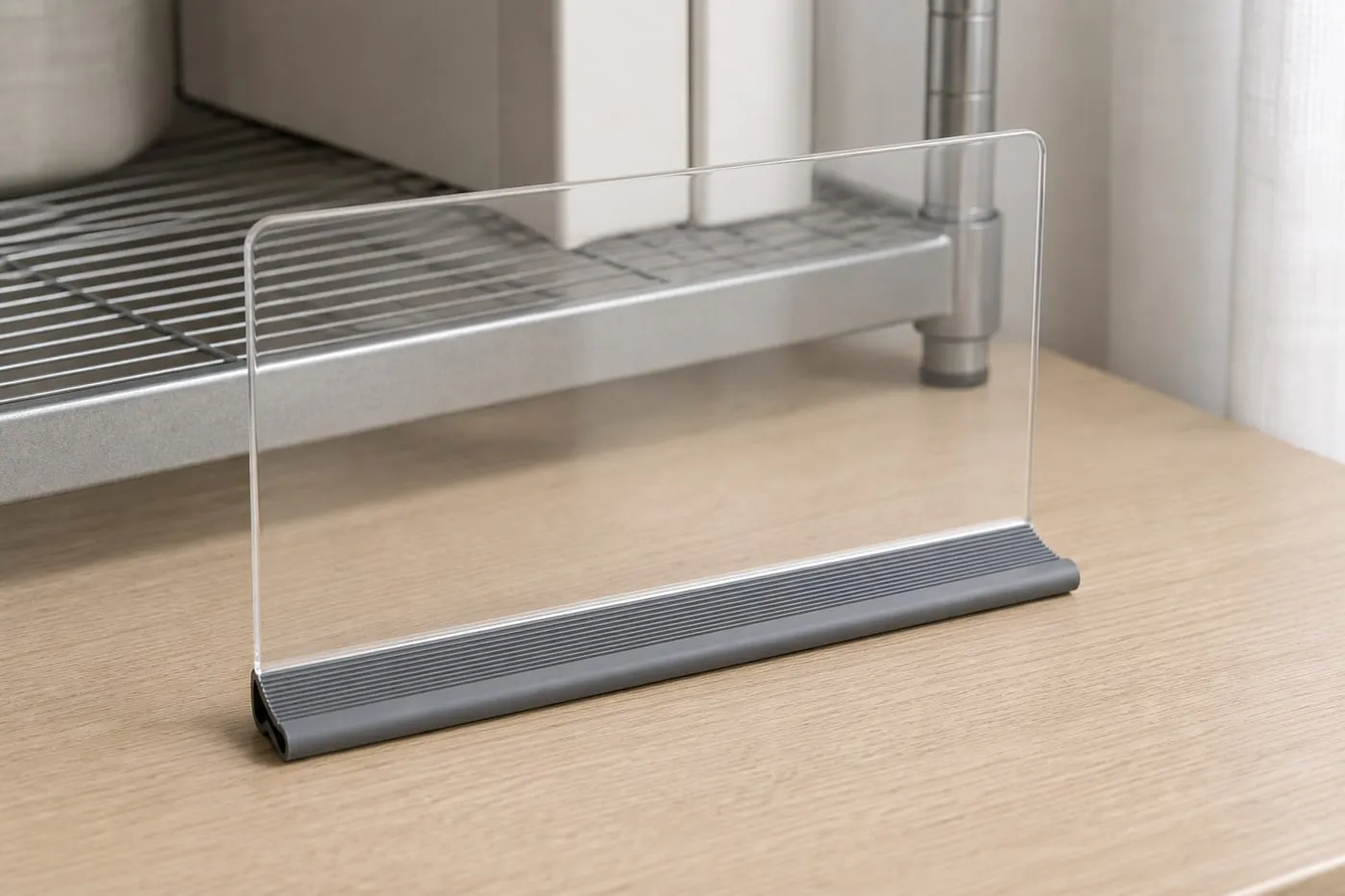 Close-up of a transparent shelf divider showing its rounded clear panel and long gray magnetic base strip