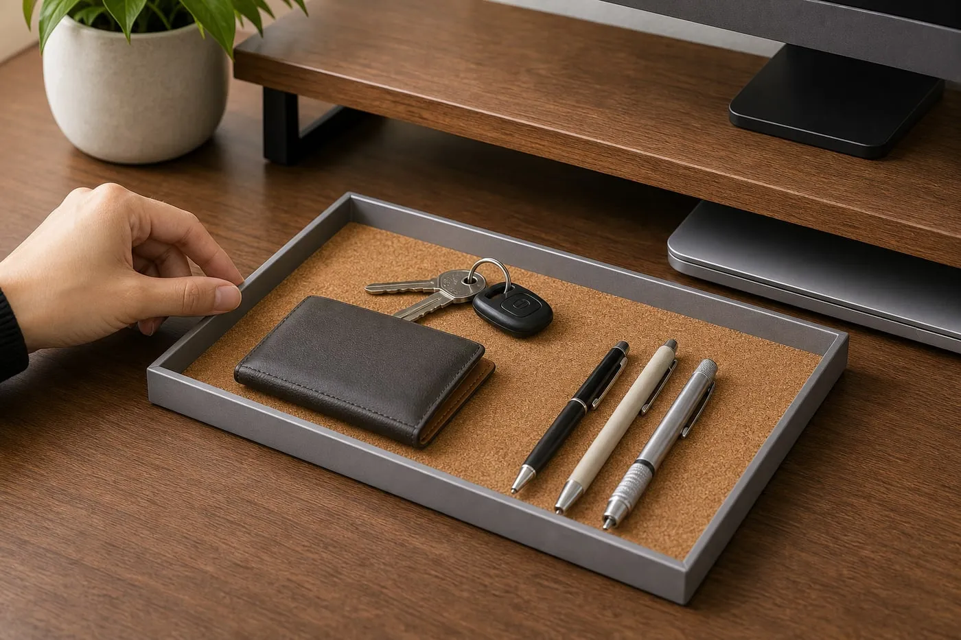 Close-up of a gray aluminum and cork tray showing the shallow raised rim, cork base, keys, and pens