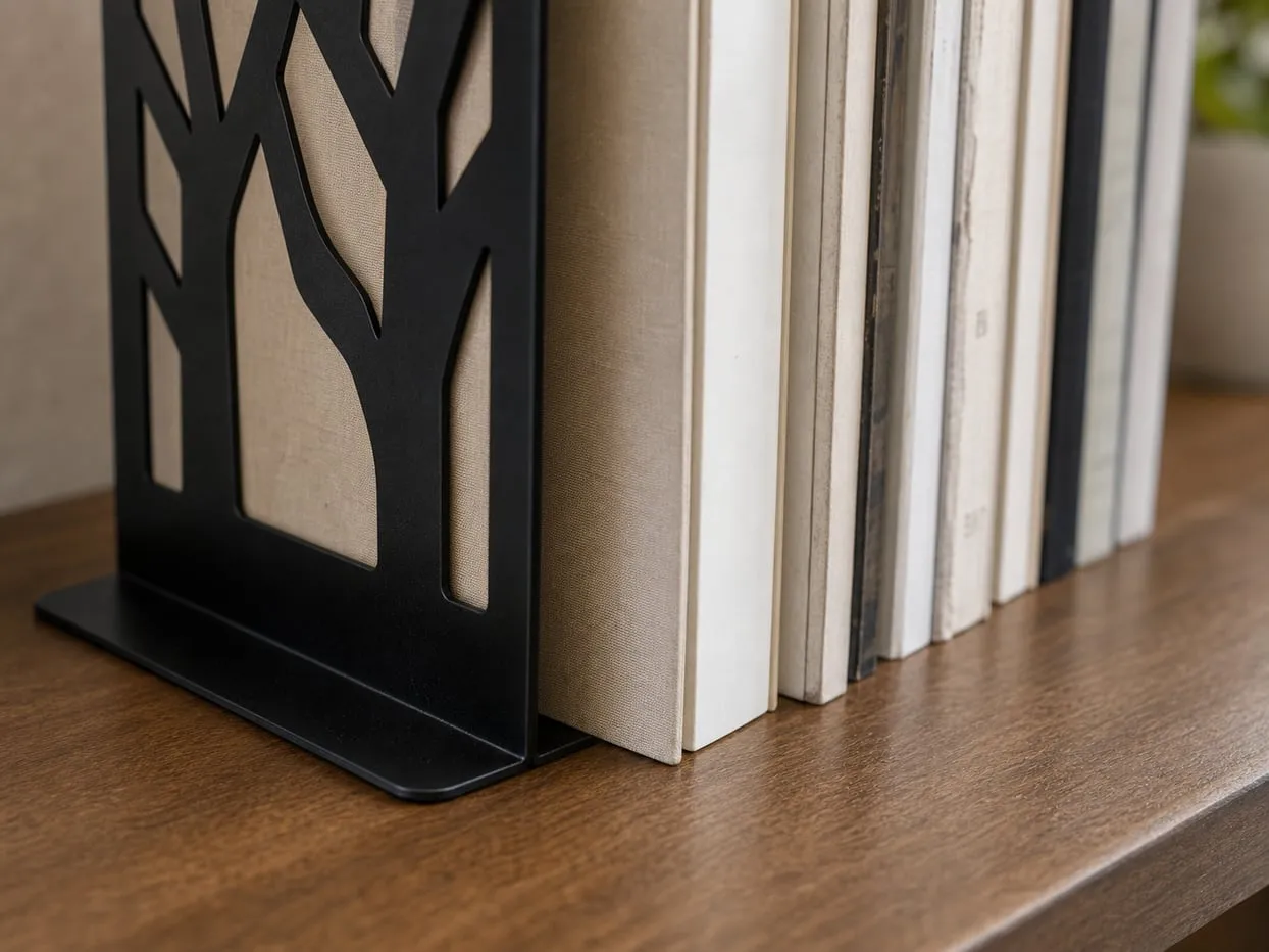 Close view of a metal bookend edge beside book covers