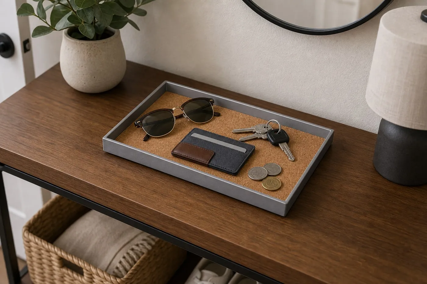A gray aluminum and cork catchall tray on an entry console, holding keys, card wallet, coins, and sunglasses