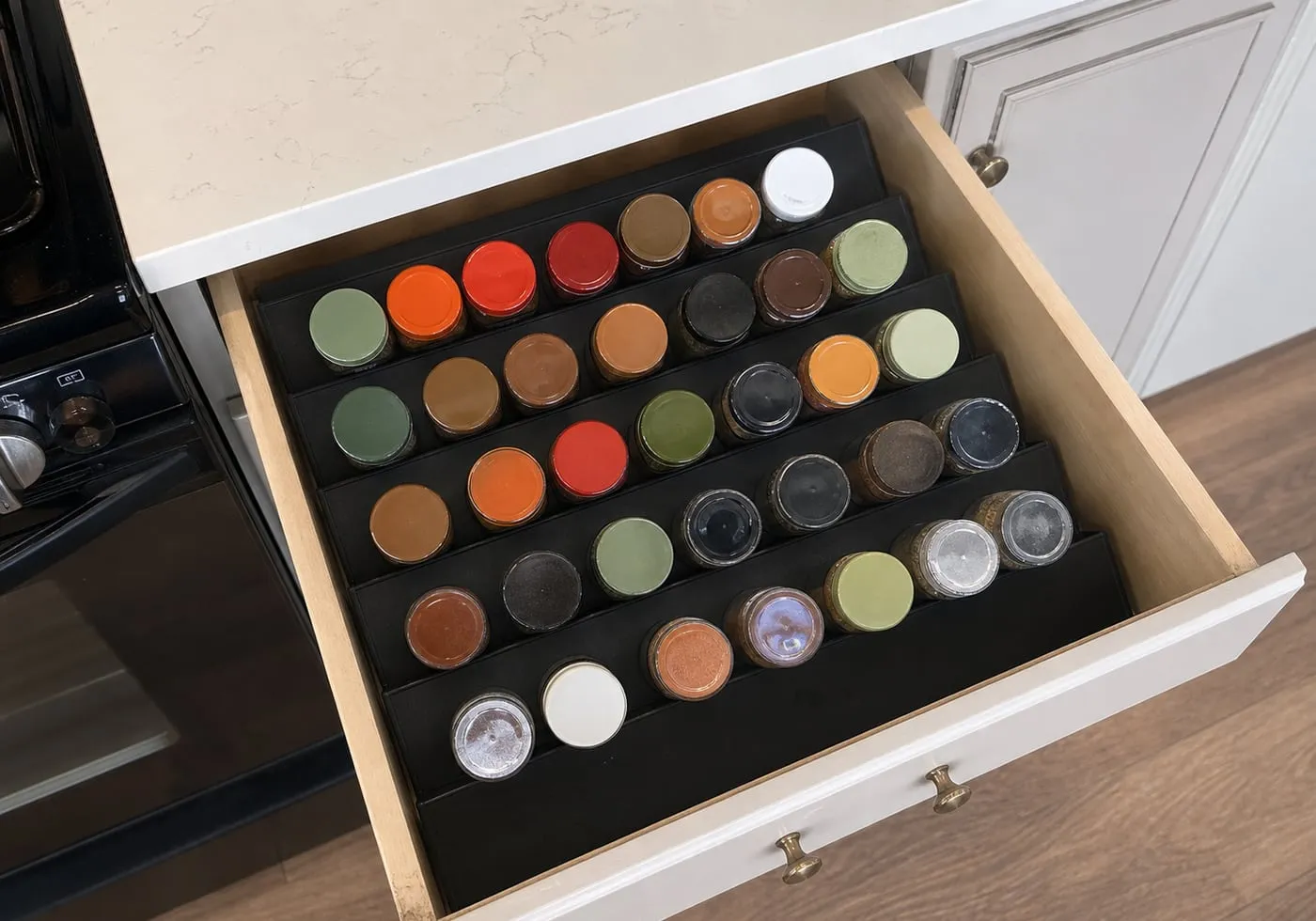 A shallow kitchen drawer with a stepped spice tray holding closed jars visible from above