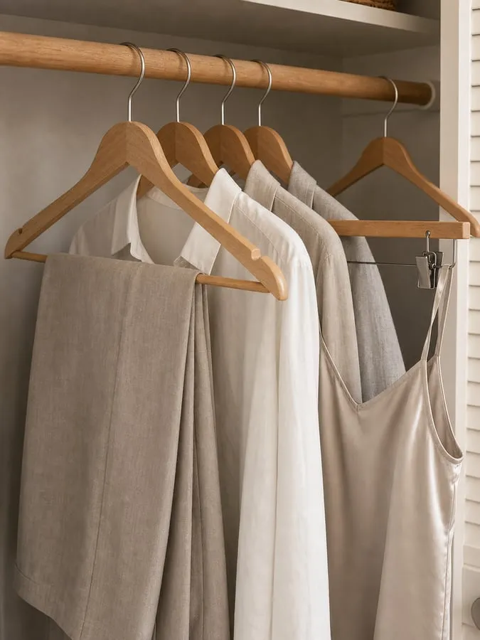 Folded trousers resting on the lower bar of a wood hanger while a silky camisole stays on a different hanger with clips