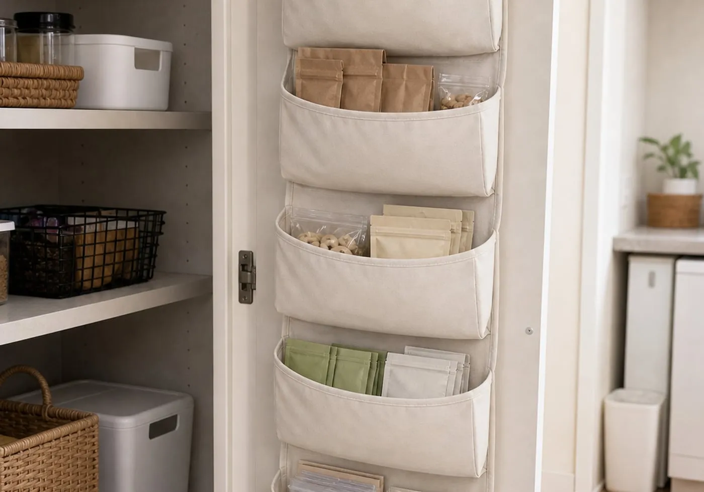 A soft behind-door fabric pocket organizer holding plain snack packets, tea packets, spare bags, and small empty pouches