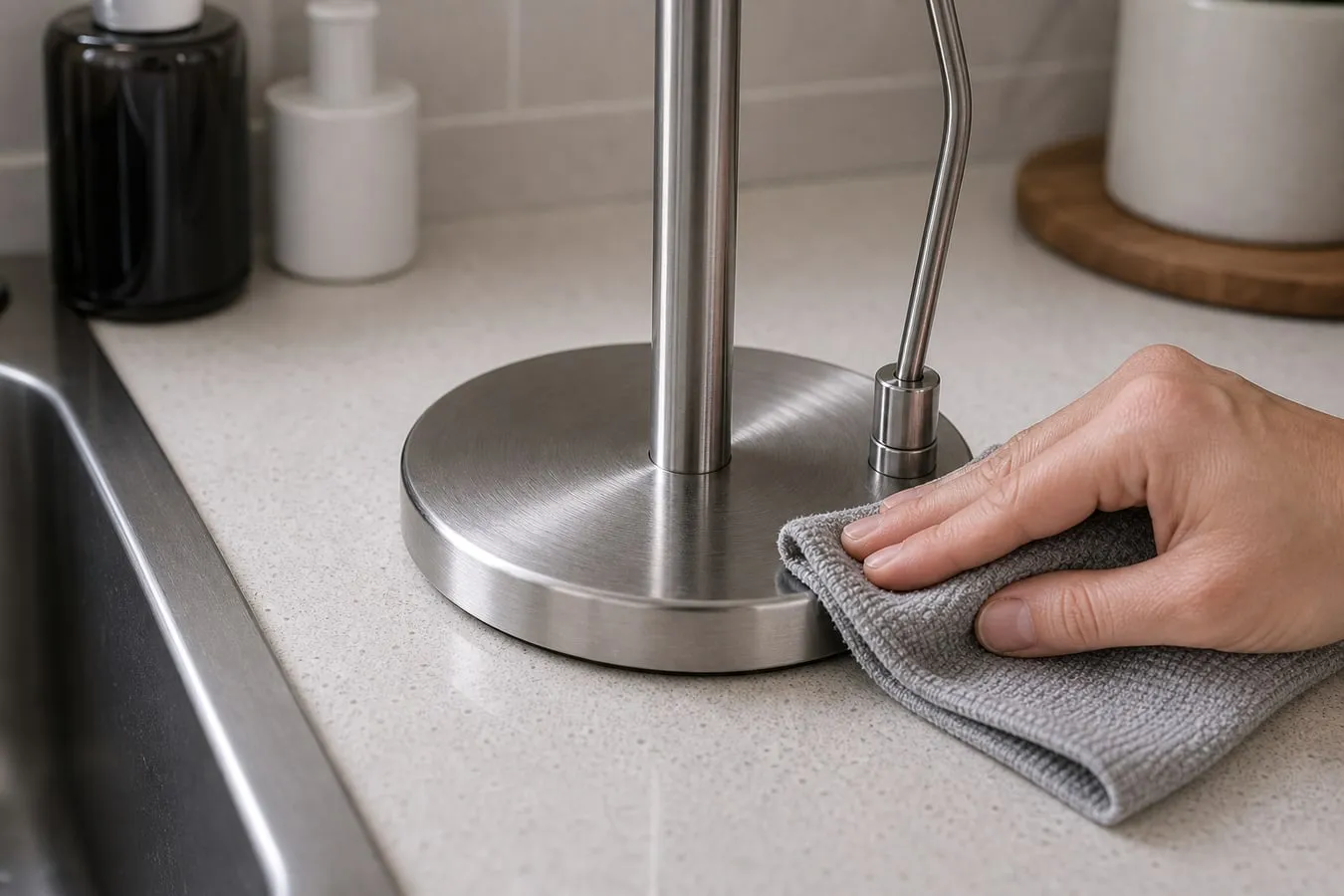 Close-up of the round metal base and side arm joint of a standing paper towel holder being wiped with a dry cloth near a sink