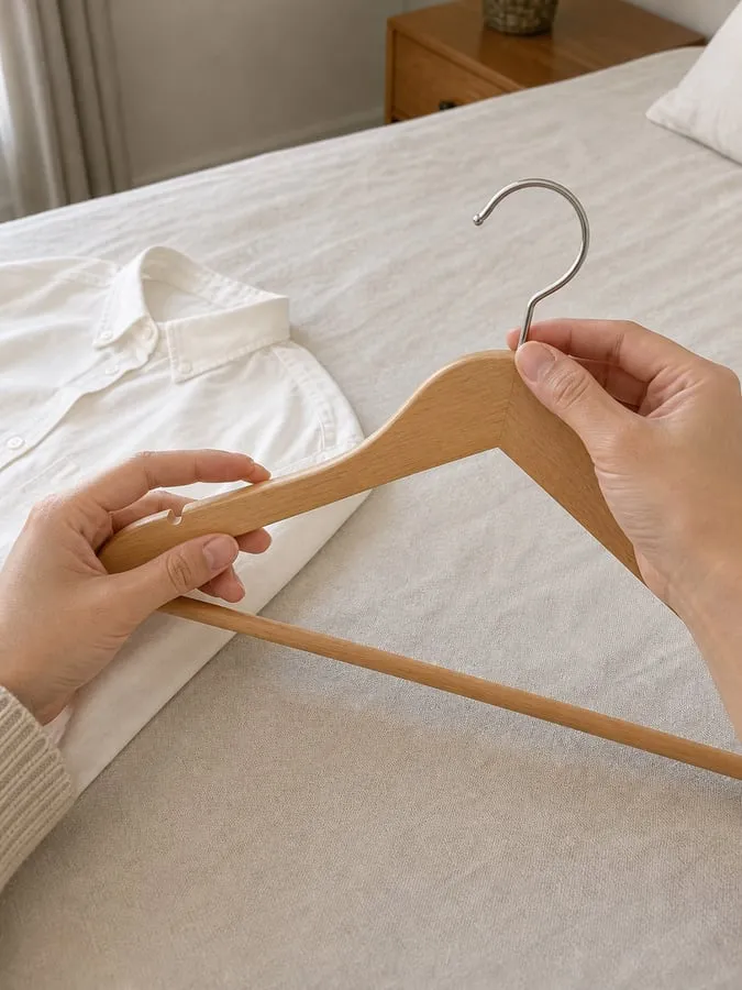 Hands checking the shoulder edge and metal hook joint of a natural wood hanger before placing a light shirt on it