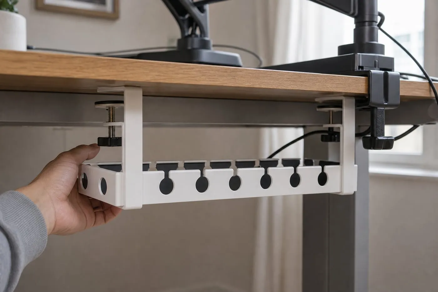 Checking clamp fit against the rear edge of a desk
