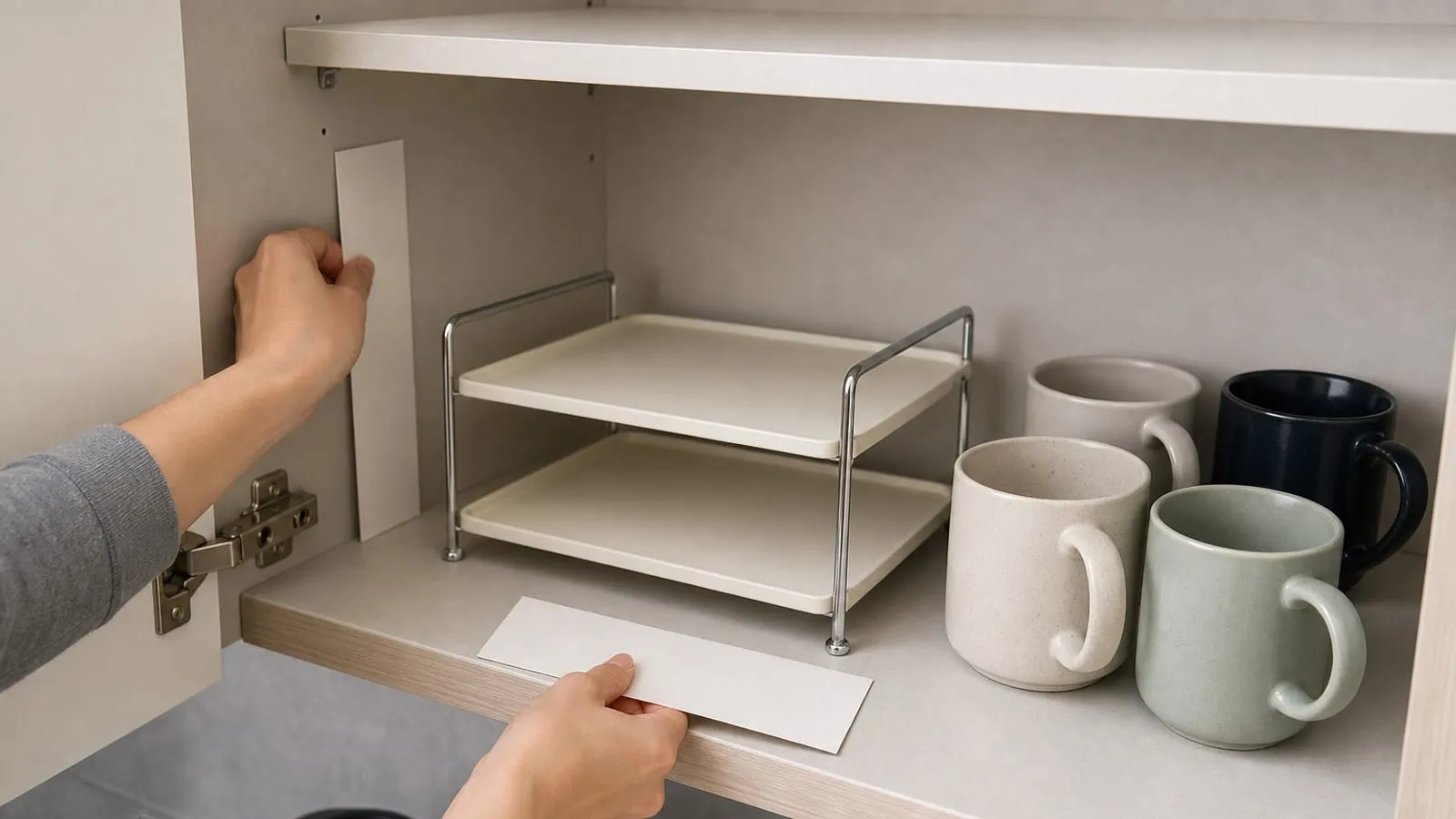 Kitchen cabinet fit check with a two-tier cup shelf rack, plain measuring strip, blank card, and mugs nearby