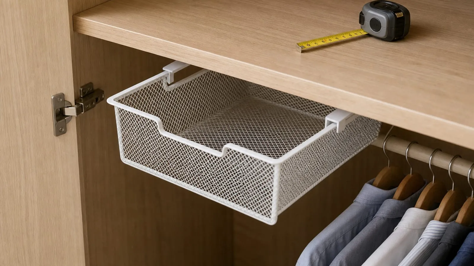 Checking shelf thickness and hinge clearance before adding a white mesh pull-out basket