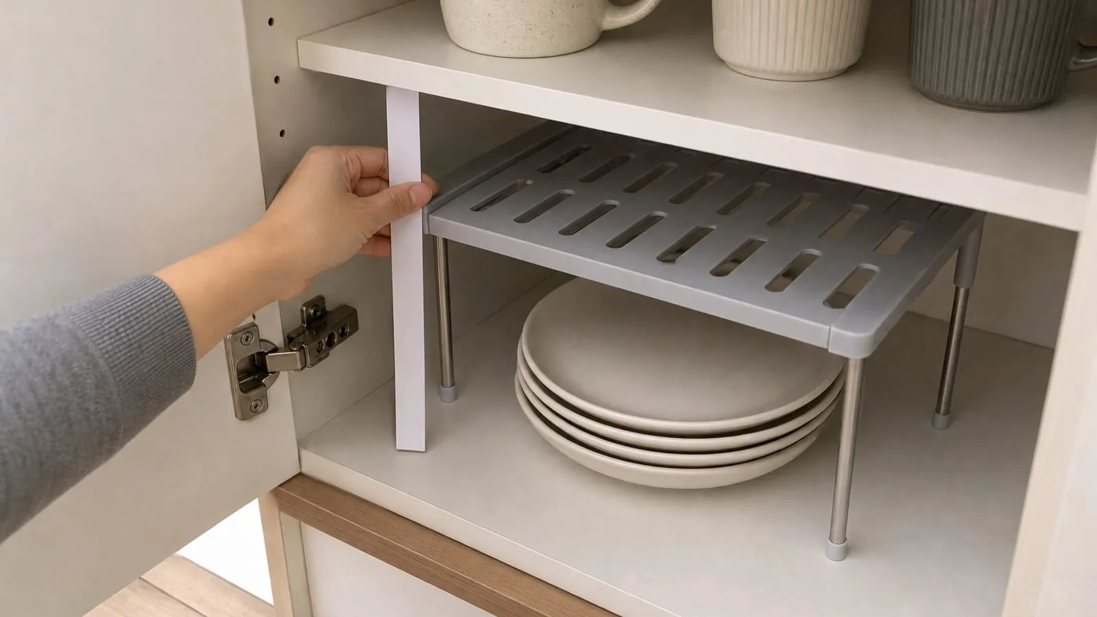 Fit check inside a kitchen cabinet with a shelf riser, plates, cups, and a plain measuring strip