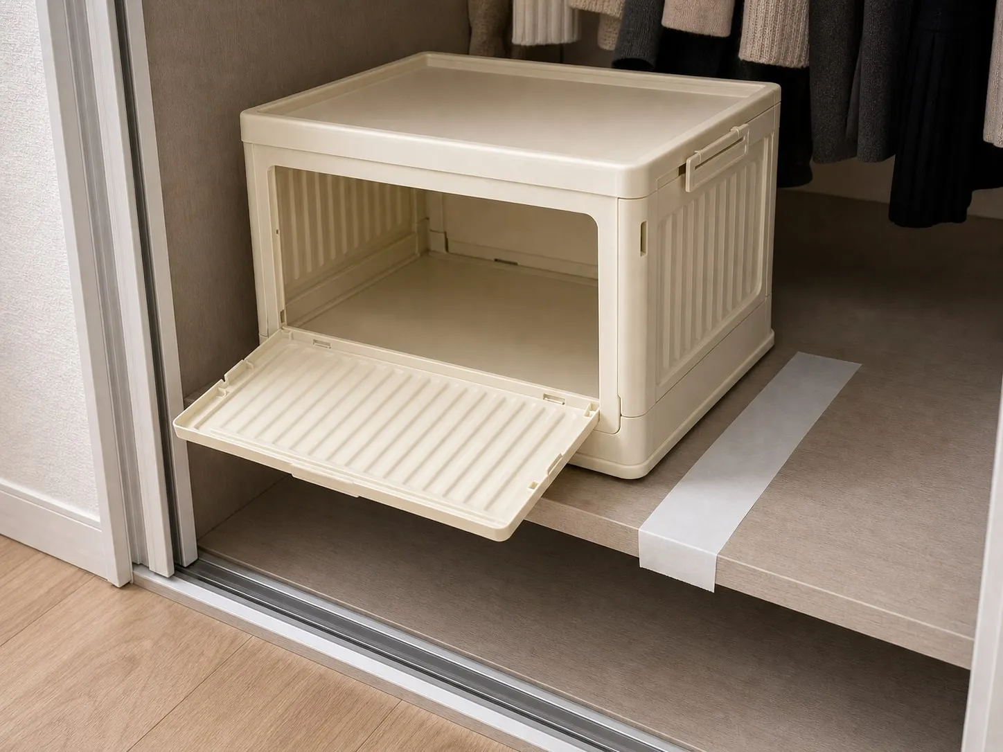 Cream folding storage box inside a closet shelf with the front panel open to check clearance