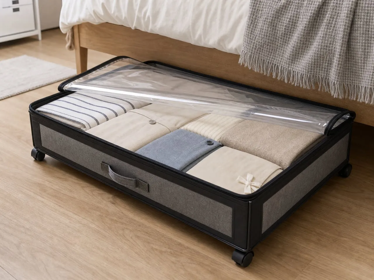 Folded clothes and thin bedding packed flat inside a wheeled under-bed storage box