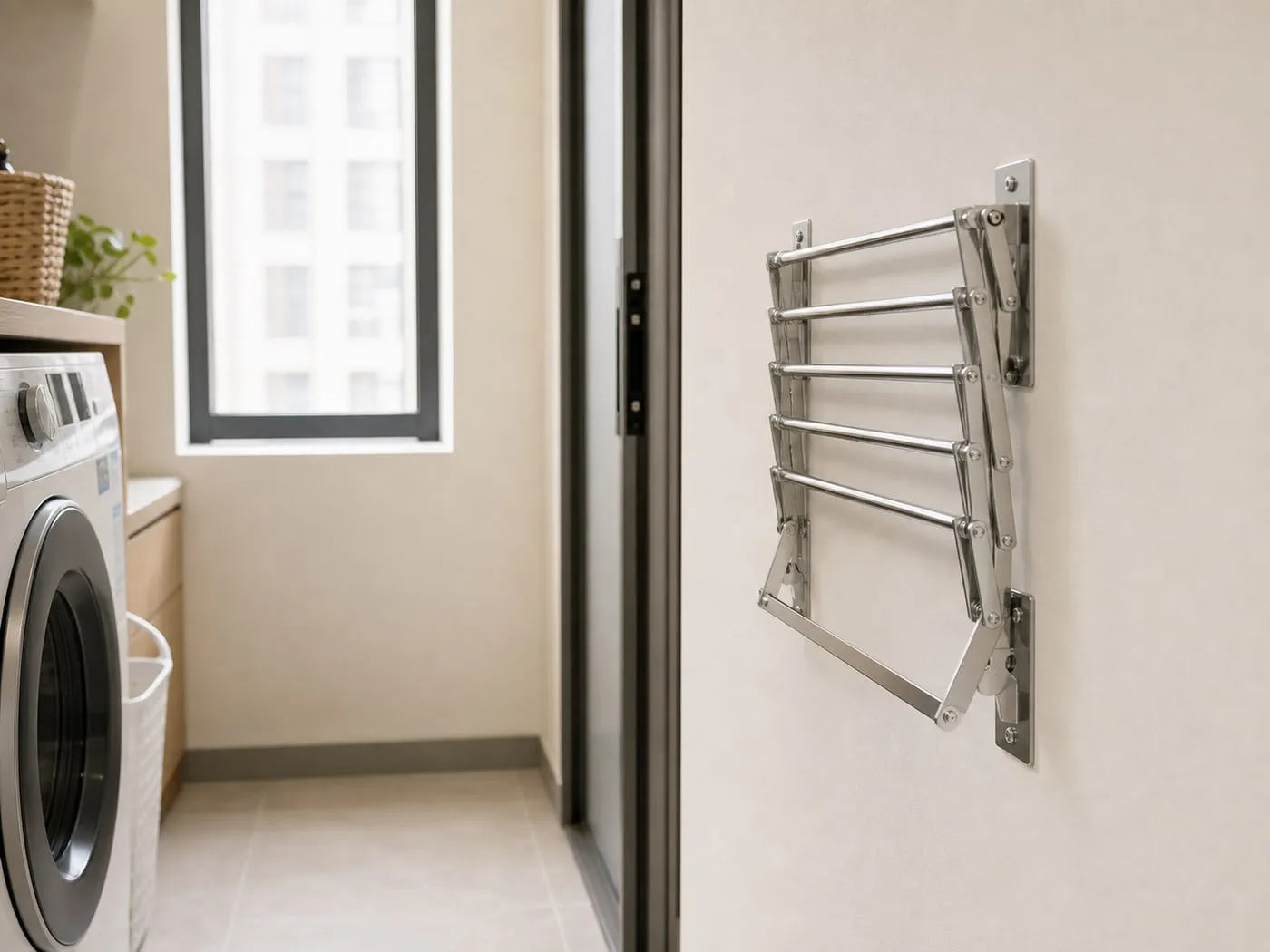 A silver folding wall clothes rail folded flat near a washer door and narrow walkway