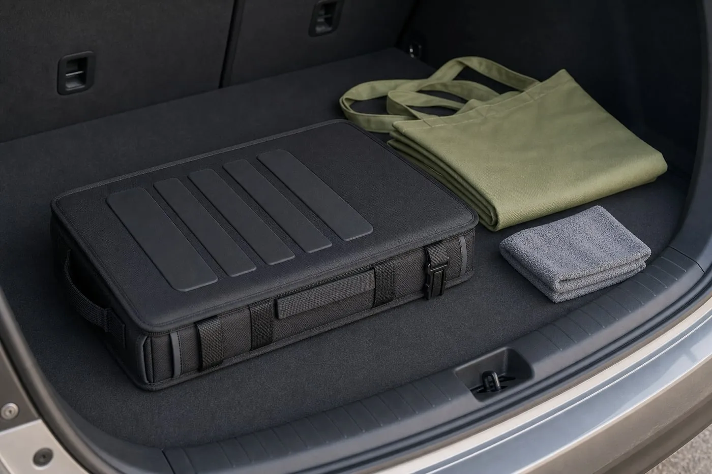 A black folding trunk organizer collapsed flat on the trunk floor beside a cloth bag and towel