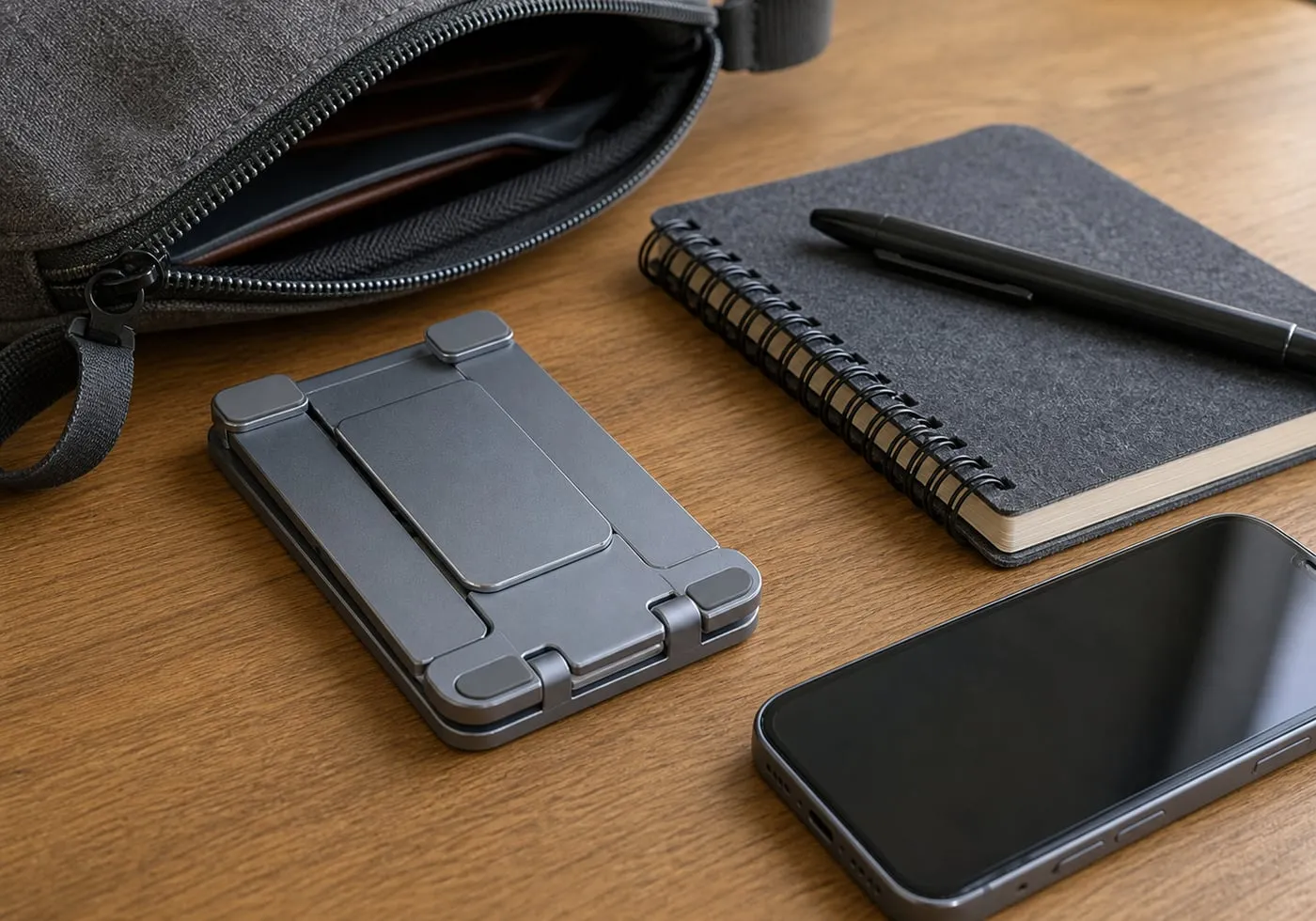 A gray foldable metal stand folded flat beside a pouch, phone, and notebook on a wooden desk