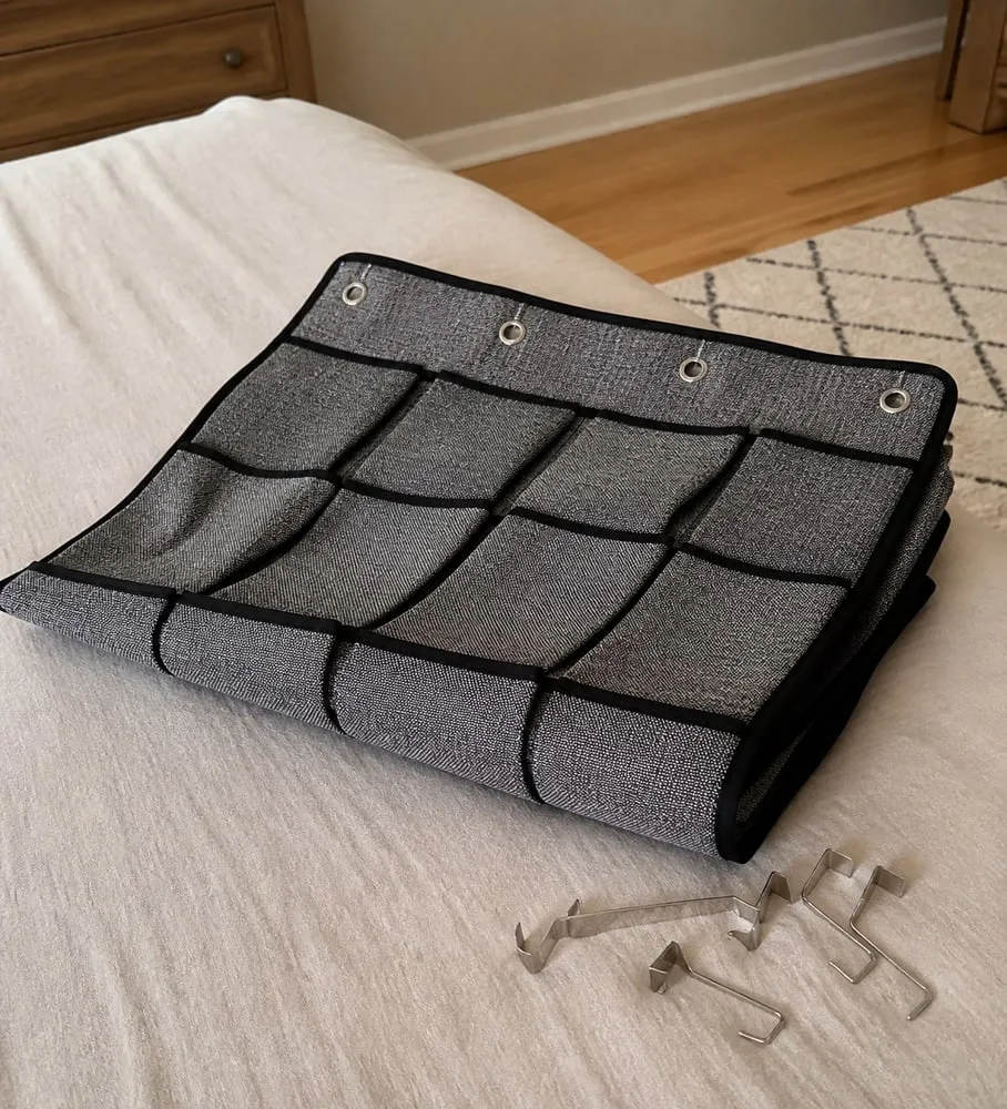 A grey fabric shoe pocket organizer lying partly folded on a bed with hooks nearby