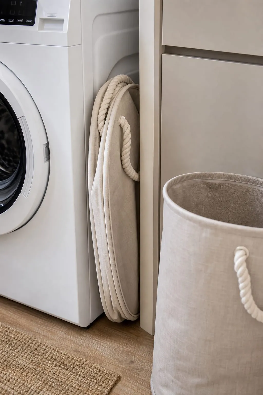 A folded fabric laundry hamper tucked beside a washing machine