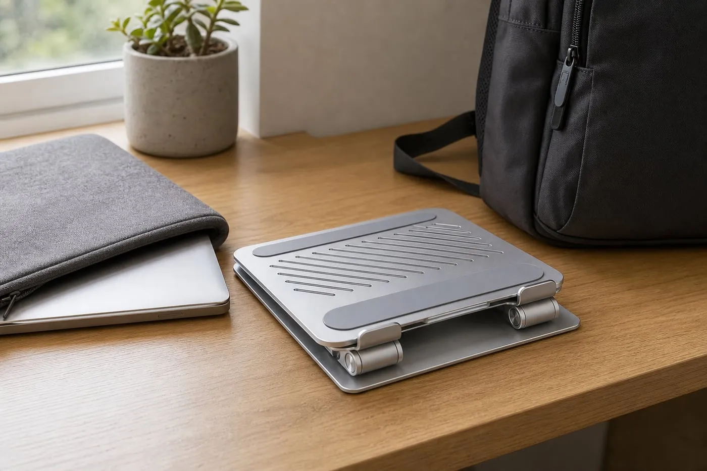 Folded aluminum laptop stand beside a sleeve and backpack