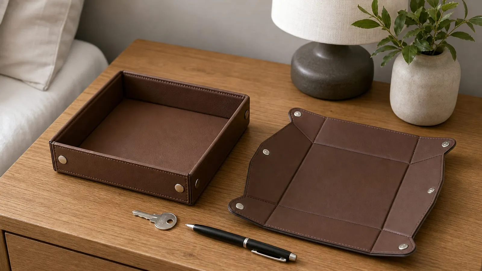 Rigid brown valet tray compared with a collapsible PU tray with snap corners