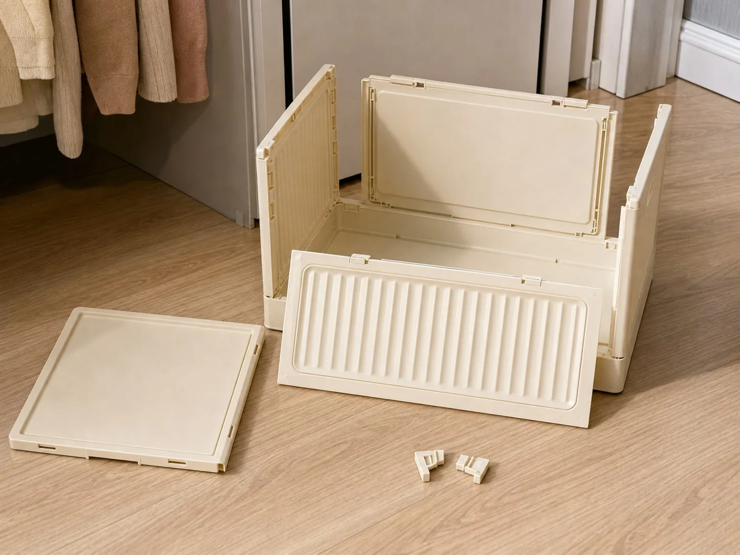 Partly assembled cream folding storage box with side panels, front ribbed panel, lid, and small latch parts on the floor