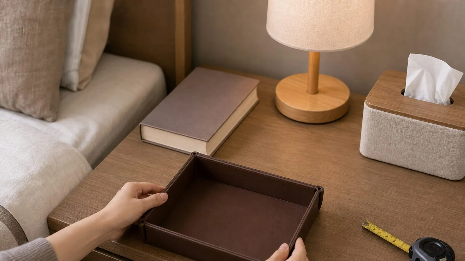 Positioning an empty brown valet tray on a small nightstand beside a lamp, book, and tissue box