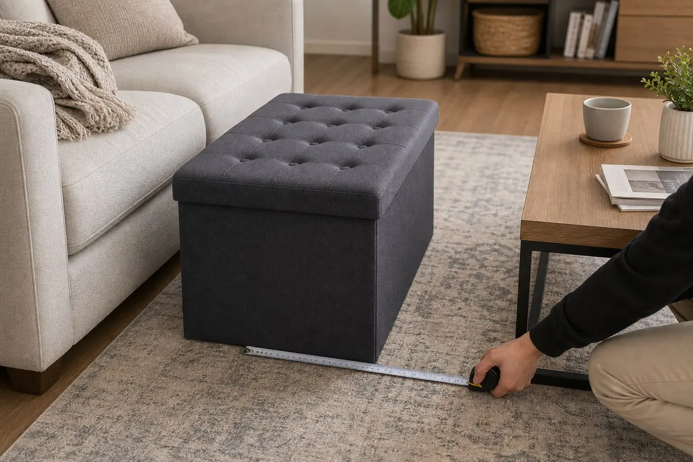 A dark gray storage ottoman placed between a sofa and coffee table while a tape measure checks the walkway space