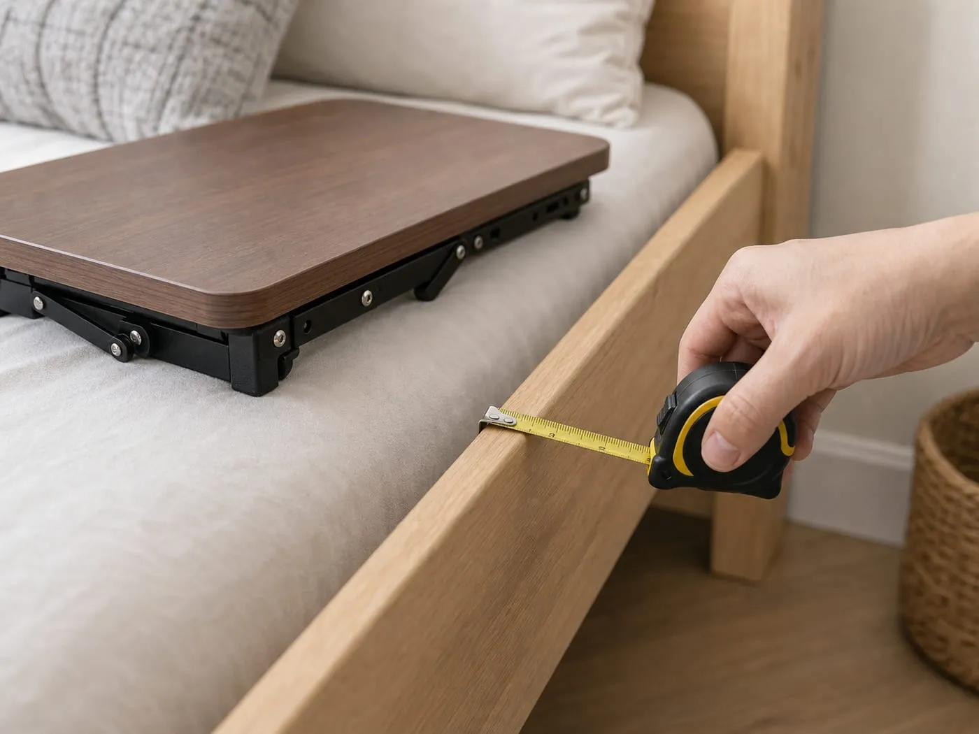 A hand measuring the thickness of a wooden bed side rail before installing a wood-tone clip-on bedside shelf