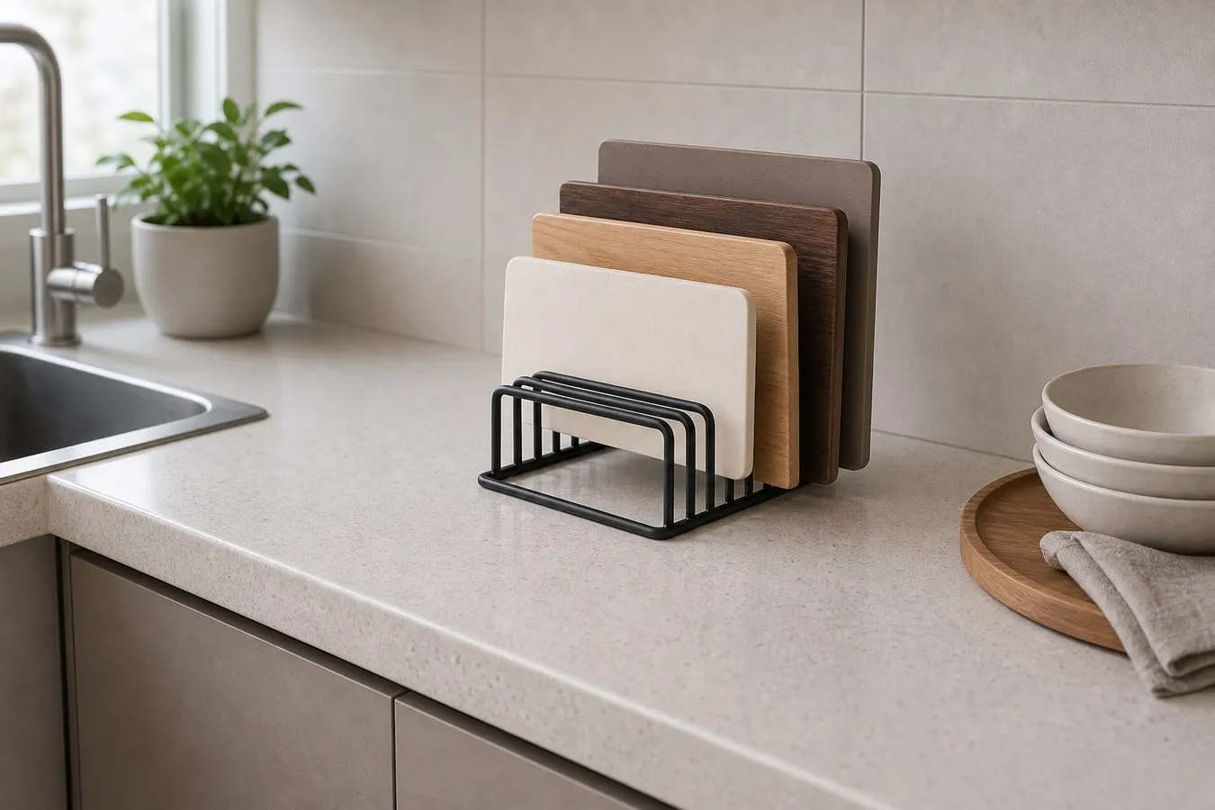 A black freestanding cutting board rack on a kitchen counter holding several thin boards upright