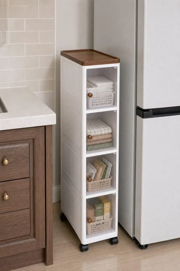 Side view of a white slim rolling cabinet beside a refrigerator with visible side and rear clearance and an empty wood top