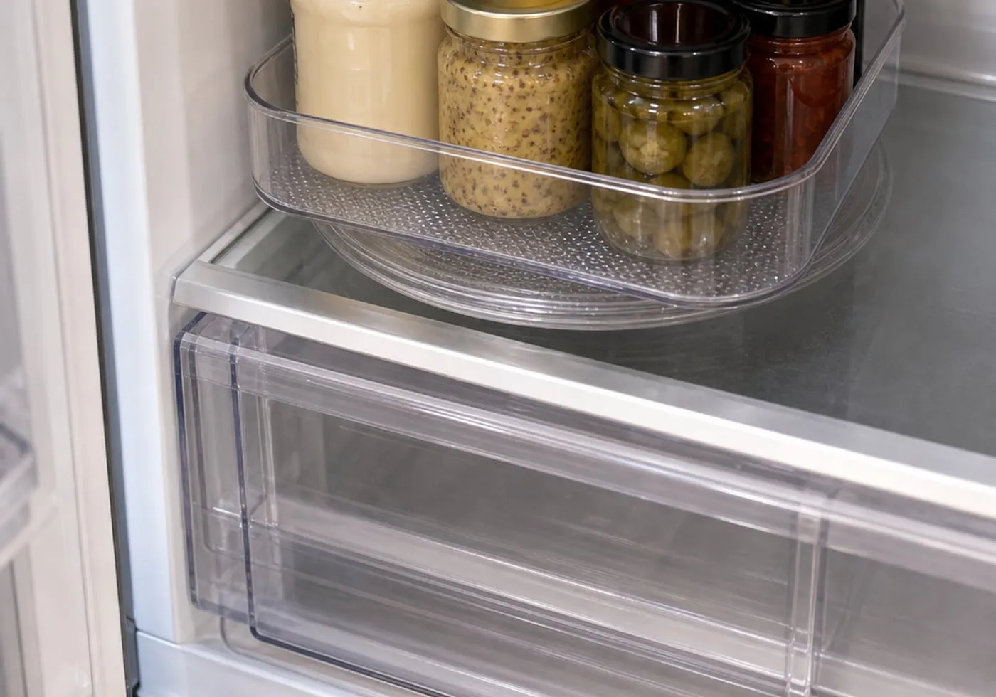 A clear rounded-rectangle rotating tray inside a refrigerator shelf with sealed condiment bottles and closed jars