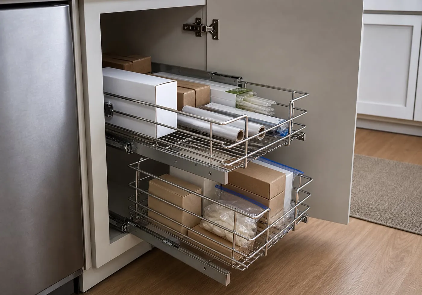 A kitchen base cabinet door opened while a chrome two-tier wire basket slides forward past the hinge and front frame