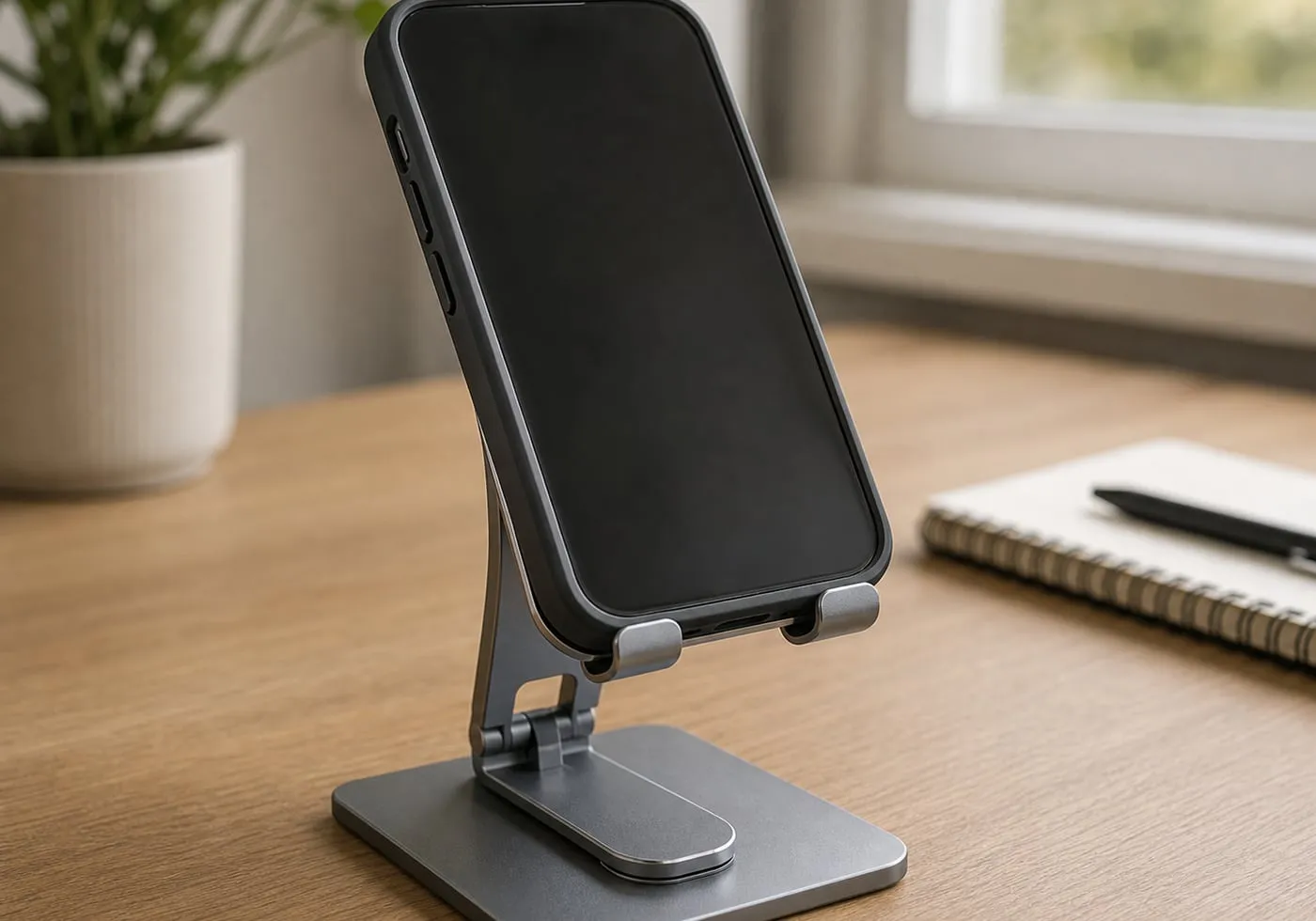 A close-up of the front lip of a gray foldable stand holding a phone in a dark protective case