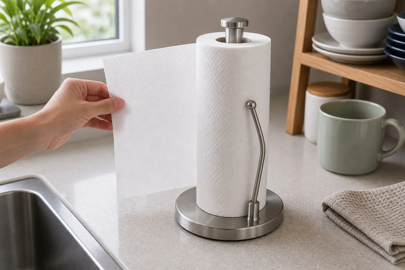 One hand gently pulling a paper towel sheet from a standing metal holder with the round base and curved side arm visible