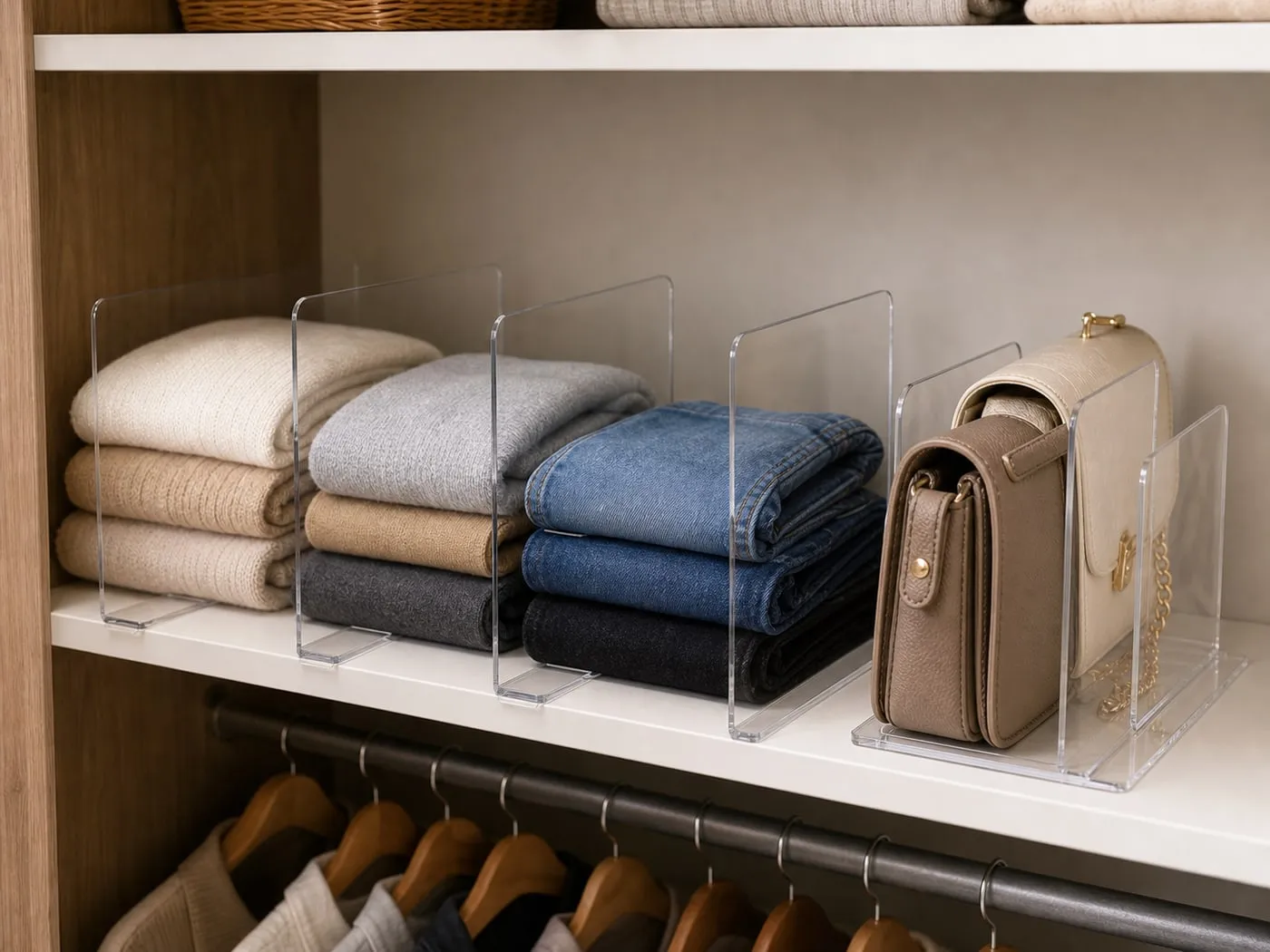 Clear shelf dividers separating folded clothes beside a clear handbag organizer holding small purses