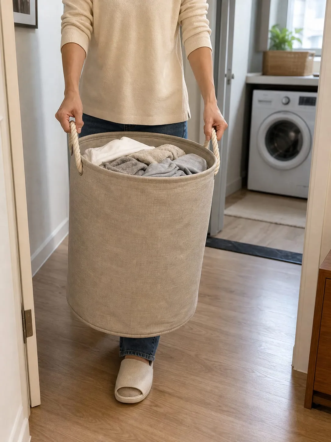 Carrying a partly full fabric laundry hamper by the rope handles