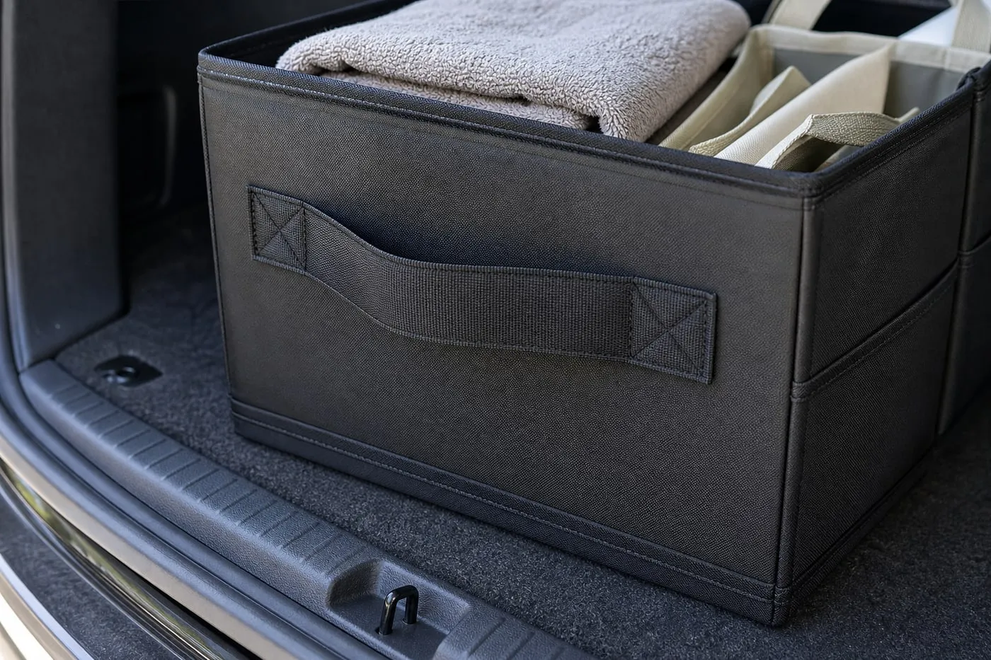 Close-up of the side handle and stitching on a black folding trunk organizer
