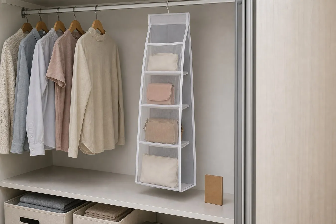 Full hanging drop of a vertical closet bag organizer with the lower pocket held above the shelf