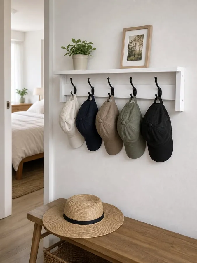 Several caps spaced across five hooks while a wider-brim hat rests on a bench below