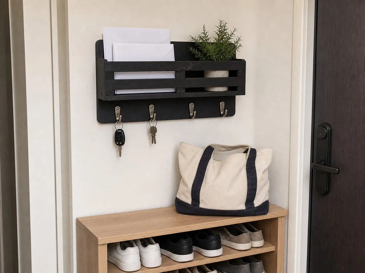A tote bag placed on the shoe cabinet below while the organizer holds only light items