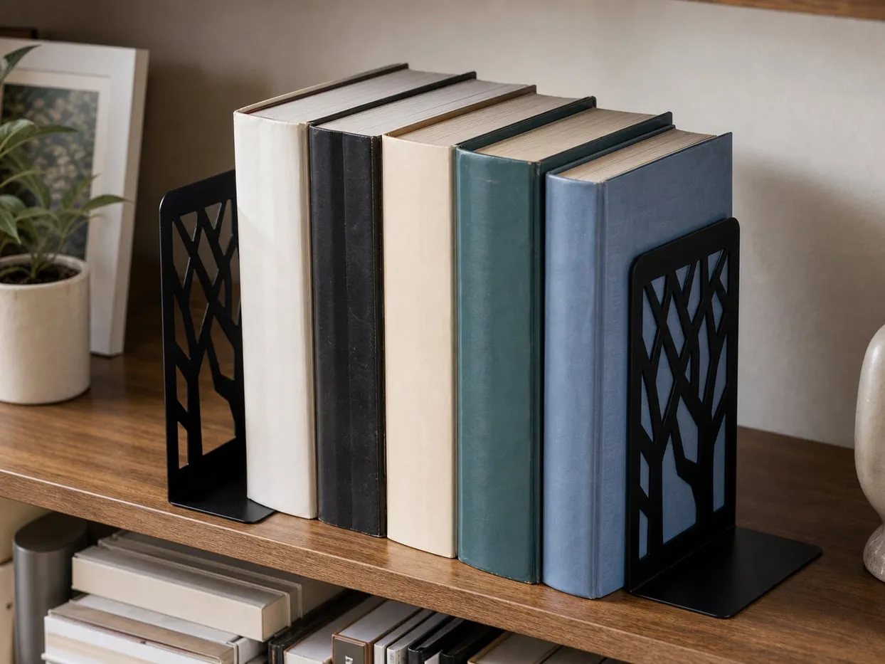 Heavy books supported by black metal bookends