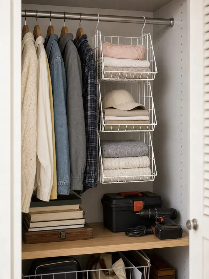 A white wire hanging basket holds folded cloths and a hat while books and a tool case sit separately on the fixed lower shelf