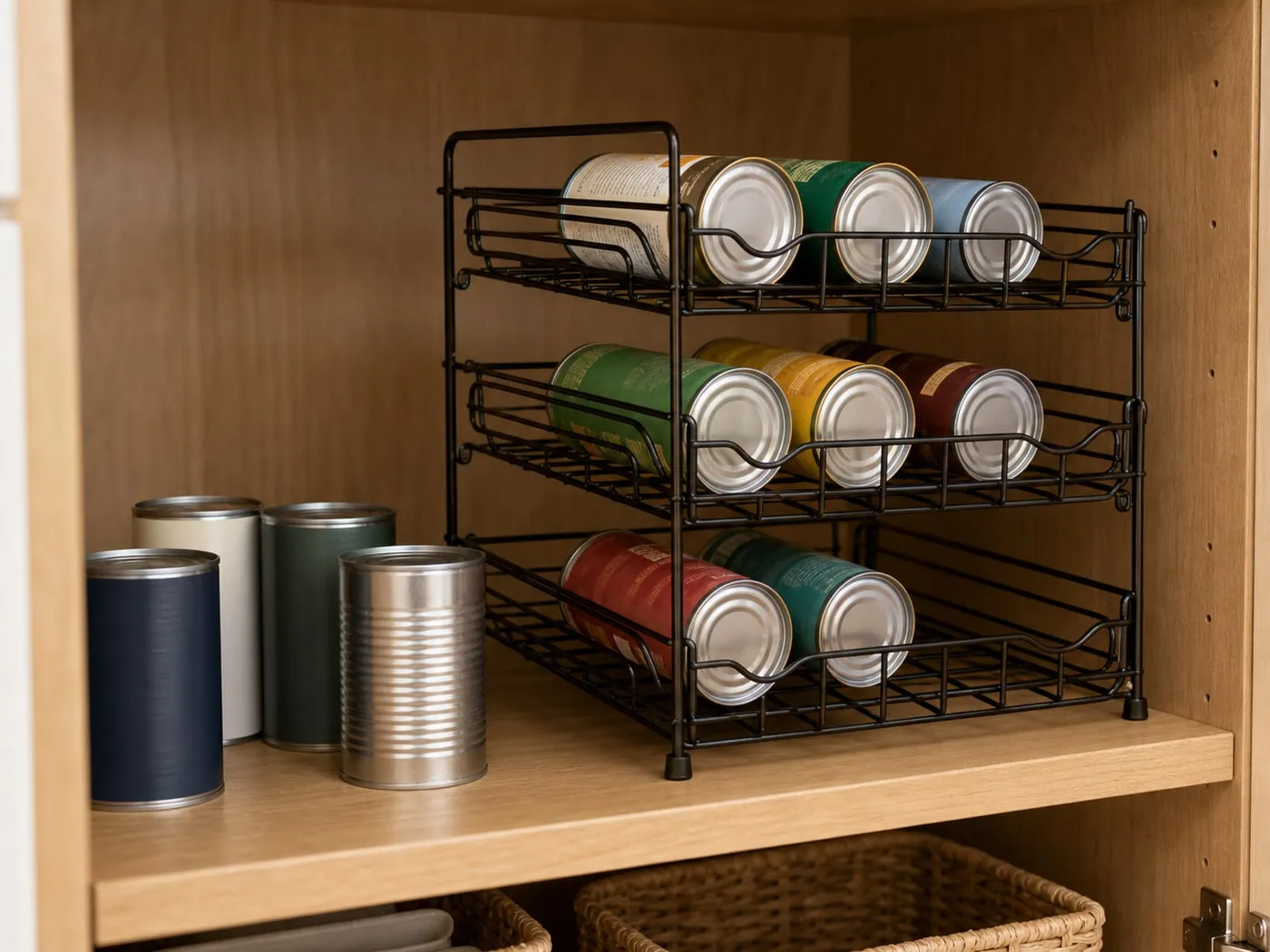 A 3-tier can rack partly loaded on a sturdy lower shelf with extra unopened cans set beside it