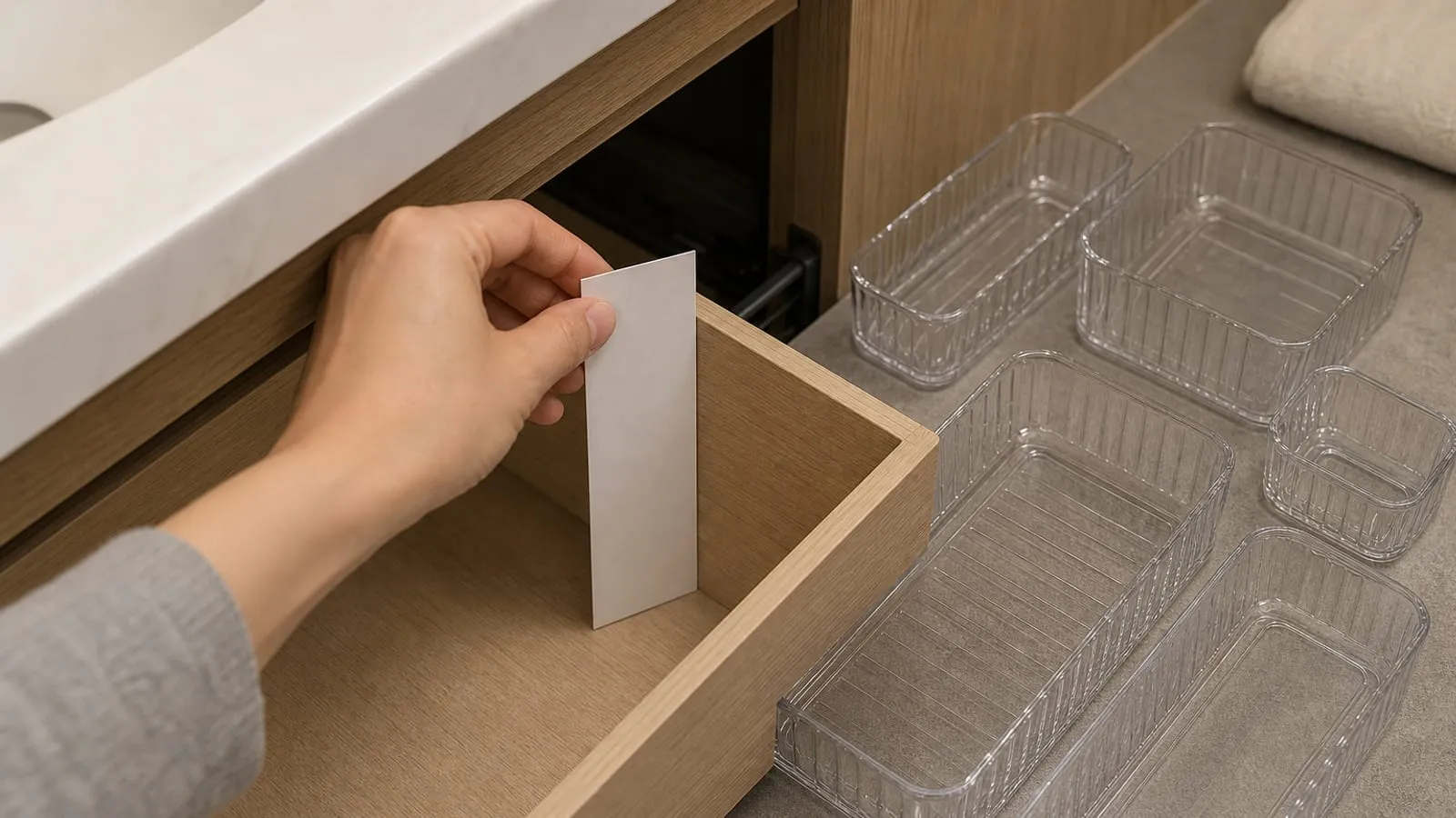 A shallow vanity drawer height being checked with a plain white card before clear trays are added