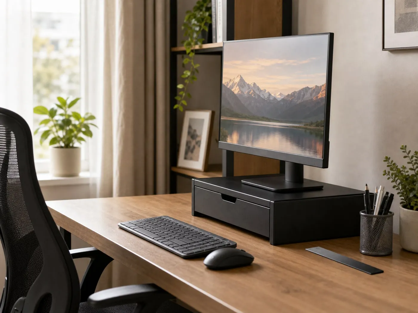 A side view of a desk setup with a monitor on a riser and chair in front