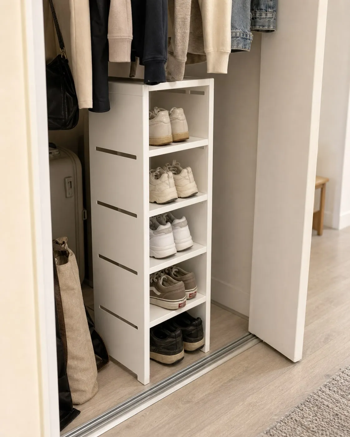 A narrow white upright shoe rack on a closet floor with low-top shoes arranged on open shelves