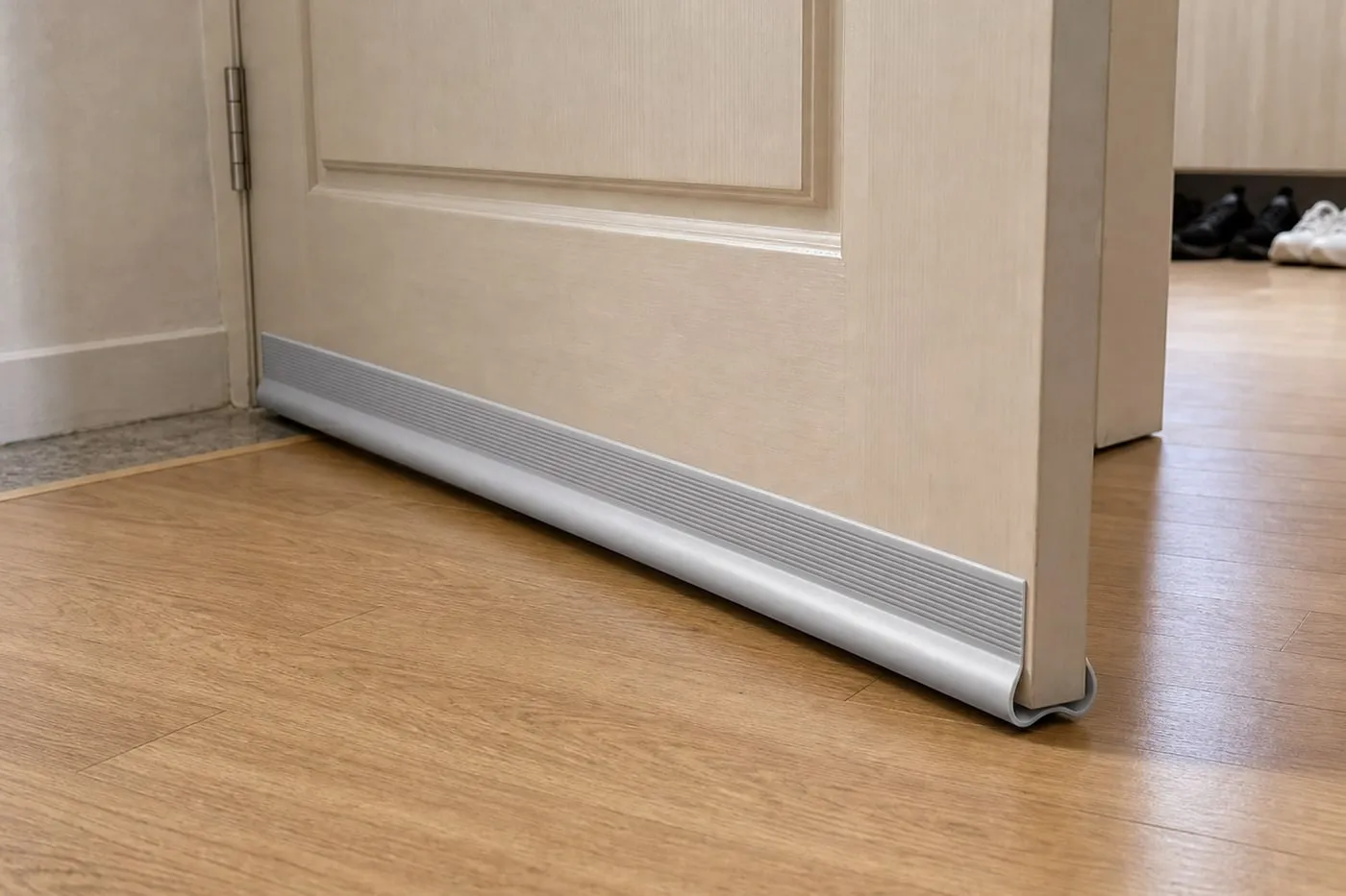 A grey door-bottom draft stopper strip installed along the bottom of an interior door on a wood floor