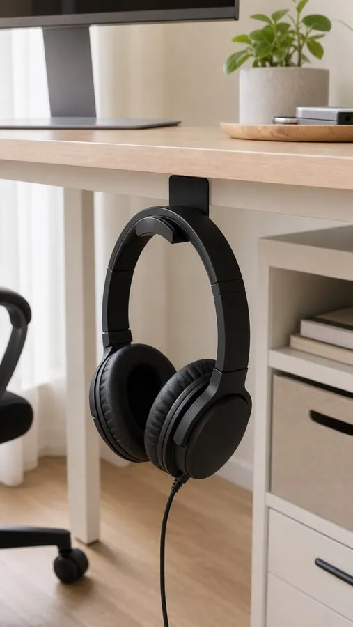 A small black headphone hook under a smooth desk holding one unbranded headset with relaxed cable slack